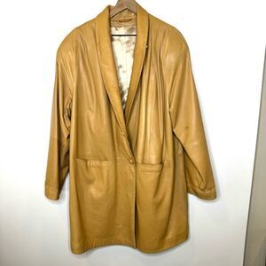 Vintage Leather Coat Long button up shoulder pads tan fully lined XL